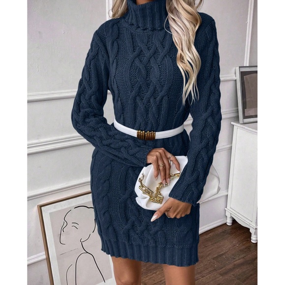 Cozy Solid Turtleneck Chunky Knit Sweater Dress